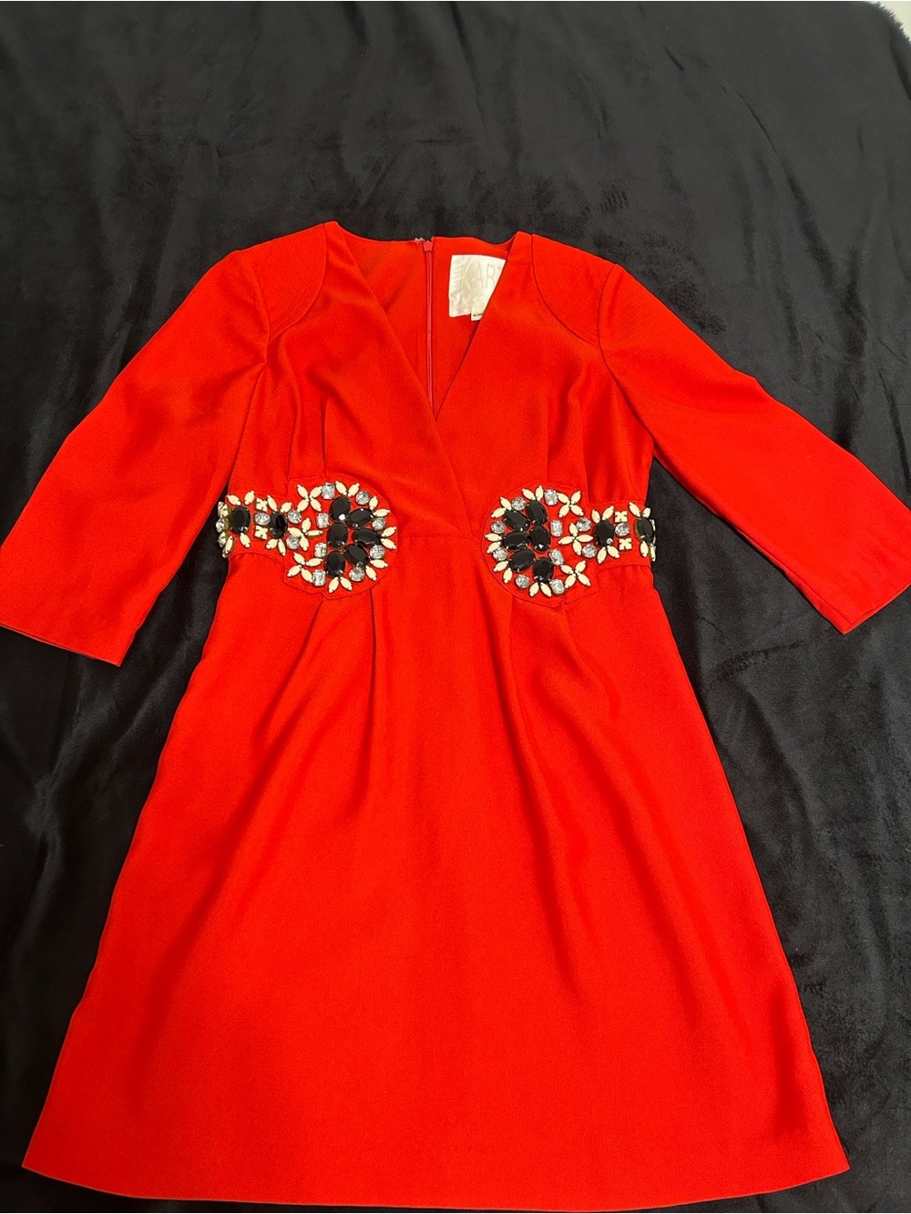 Red Embellished V-Neck Fit & Flare Mini Dress